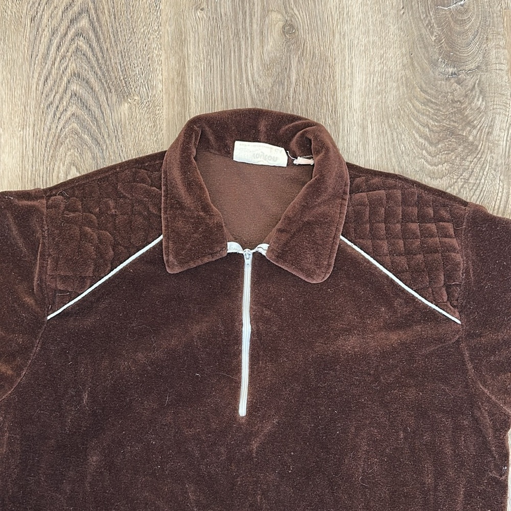 Vintage velvet Velour Half Zip Pullover 70s velvet Streetwear Quiet Luxury Brown - Picture 11 of 14